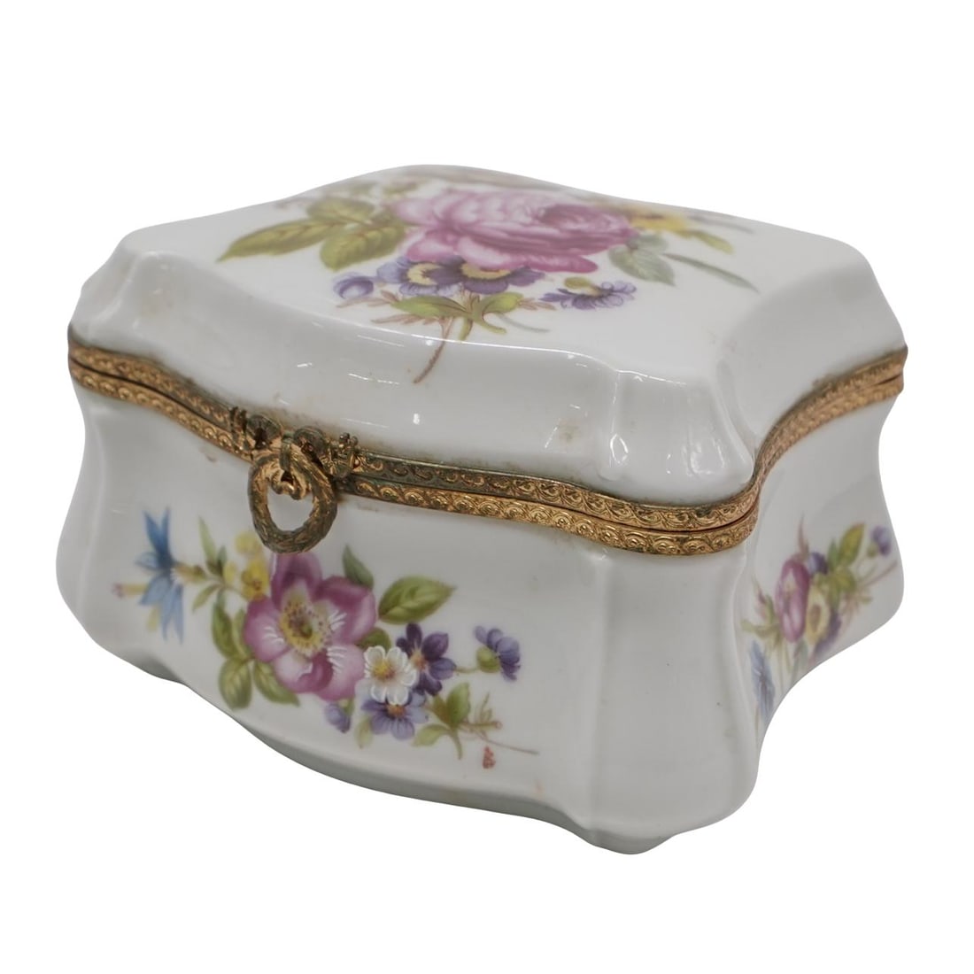 Limoges France Porcelain Floral Jewelry Box: Limoges France Porcelain Floral Jewelry Box 20th century, French A French porcelain jewelry box with hand-painted floral motifs throughout. Marked on bottom "Limoges France". H 3" L 4 5/8" W 3 3/8"