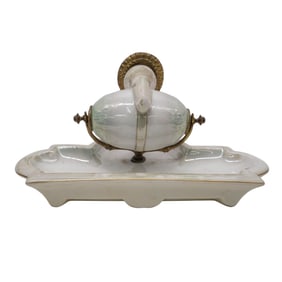 Antique Lustre Porcelain Spinning Inkwell and Pen Rest