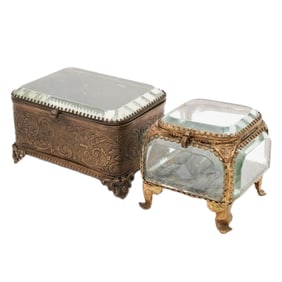 (2 pcs) Antique French Gilt Brass and Glass Cushioned Casket Boxes