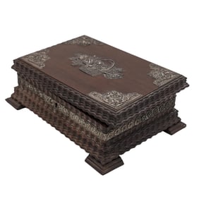 Antique Edwardian Era Wood & Sterling Silver Jewelry Box