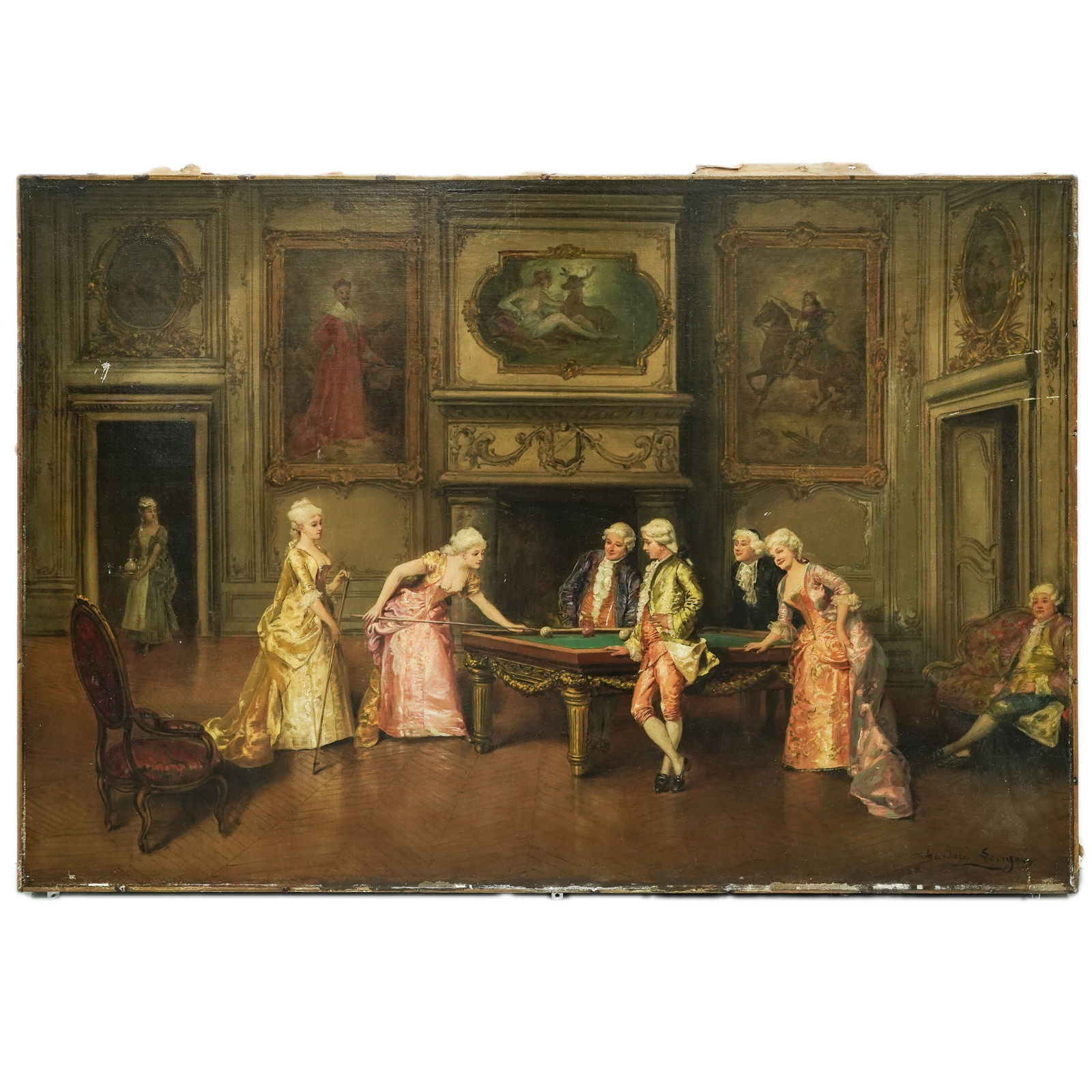 Signed French Oil on Canvas 18th-Century Salon Billiards Scene (1 of 6)