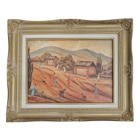 Signed Rural Village Scene Oil Painting On Board