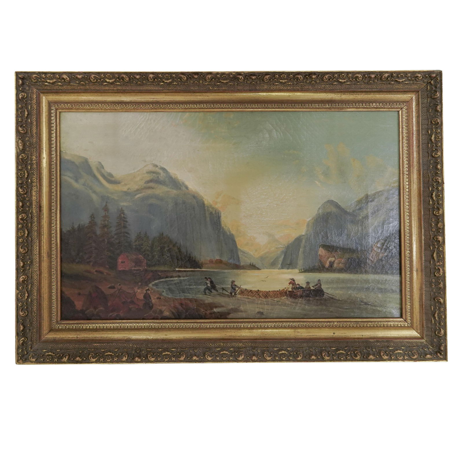 Antique European School Fishing Scene Oil Painting (1 of 5)