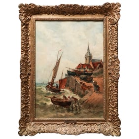 Antique Leon Weber Harbour Scene Oil Painting