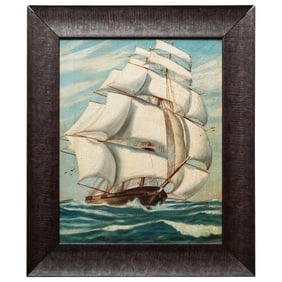 Antique Signed Sailing Ship Oil Painting