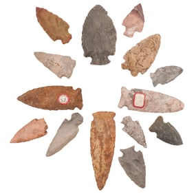 (14 Pc) Rare Carved Stone Paleo-Indian Arrowheads