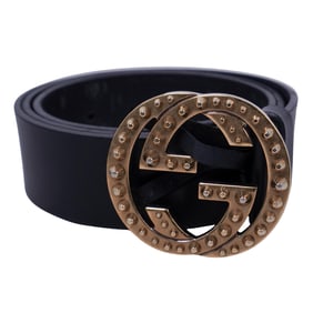 Gucci Black Leather Belt with Studded GG Brass Buckle