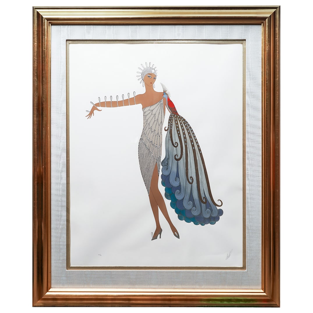 Erté (Russian/French 1892-1990) "Diva II" Serigraph: Erté (Russian/French 1892-1990) "Diva II" Serigraphc. 1984, FranceErte (Romain De Tirtoff) embossed serigraph with foil stamping depicting a female posing in an elegant studded gown and headpiece wit