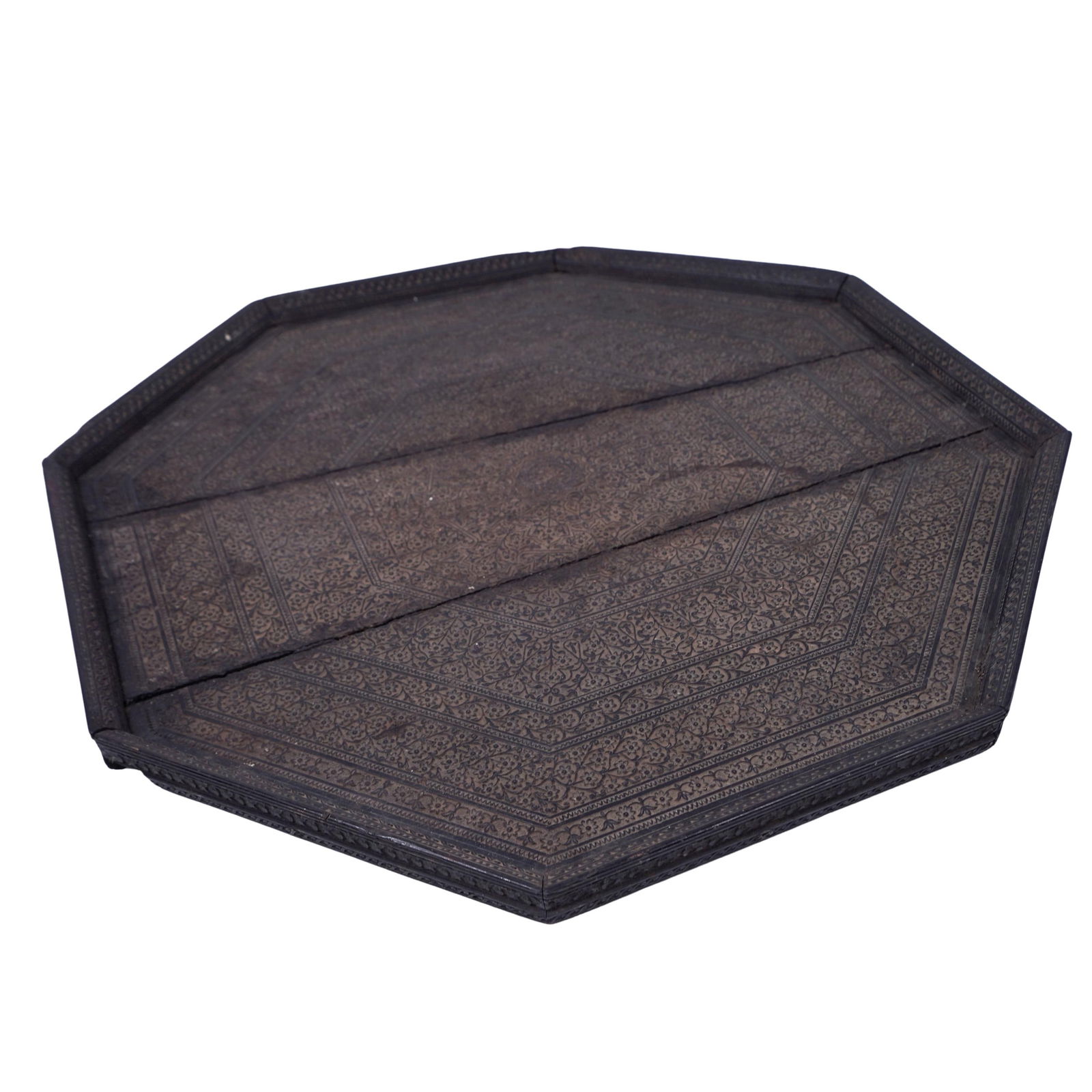 Antique Arabesque Carved Wood Table Top: Antique Arabesque Carved Wood Table Top20th century , Middle Eastern.Antique large intricately Carved Middle Eastern Rosewood Octagonal Table top / Tray . The style of the Tray is associated with Midd