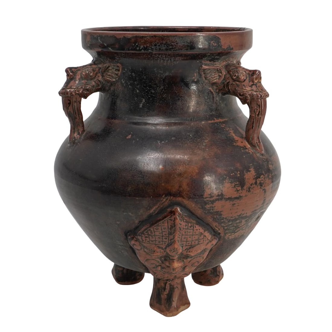 Antique Chinese Brown Glazed Elephant Head Tripod Vase (1 of 6)