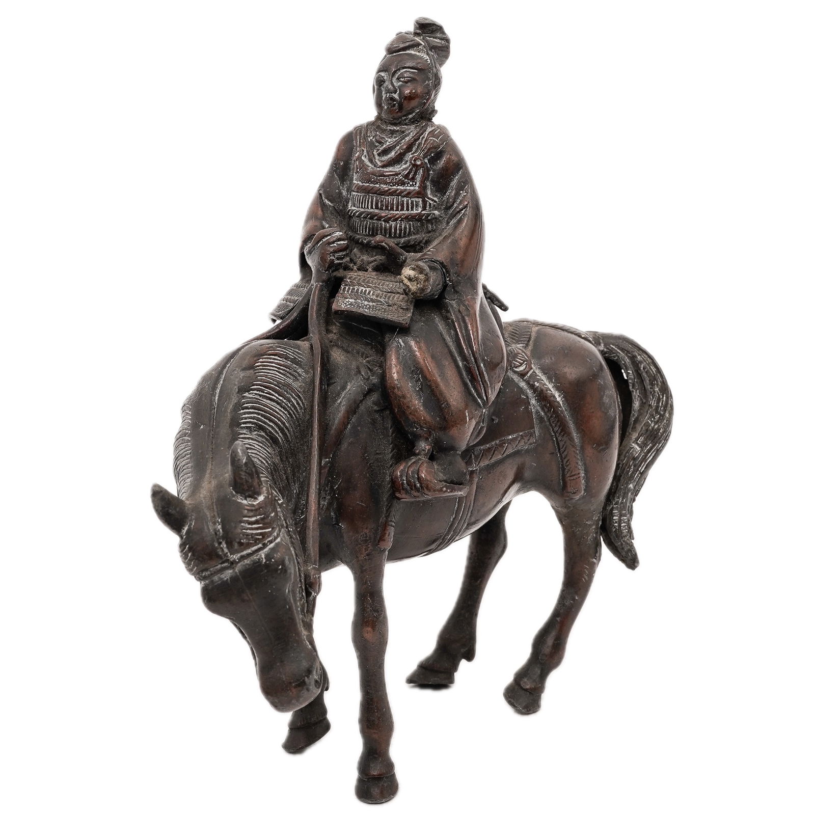 Japanese Bronze Samurai on Horseback: Japanese Bronze Samurai on Horseback20th century, JapanAntique Bronze statue of "Samurai" on Horseback. The statue depicts a warrior on a horse in traditional Japanese armor.H. 7" x L. 7" x W. 4" inch