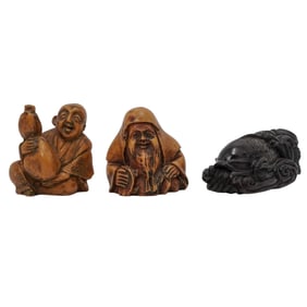 (3 Pc) Japanese Carved Bone and Wood Netsukes