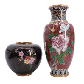 (2pc) Vintage Chinese Floral Cloisonné Vases