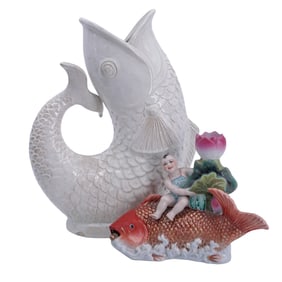 (2 Pc) Chinese Fish Ceramic Pitcher and Sculpture