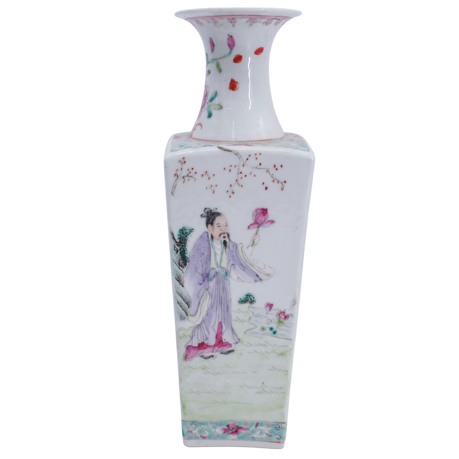 Antique Chinese Famille Verte Porcelain vase: Antique Chinese Famille Verte Porcelain vaseEarly 20th Cent. ChinaOf square-section form with a flared rim, delicately hand-painted in enamel tones depicting a scholarly figure in a blue robe seated b