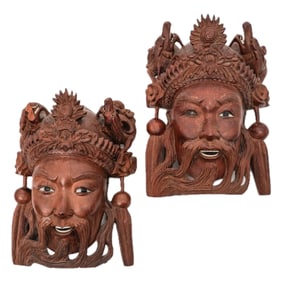 (2pc) Antique Pair Chinese Carved Rosewood Masks