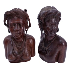 (2 Pc) Filipino Tribal Female Carved Wood Busts