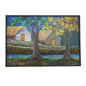 Antique Venezuelan School Landscape Mixed Media Painting