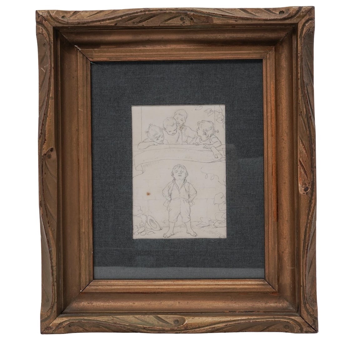 Graphite On Paper Sketch: Graphite On Paper SketchLate 19th to Early 20th Cent., ContinentalGraphite on paper sketch, depicting a young, barefoot boy standing outdoors with four children peering over what appears to be a stone