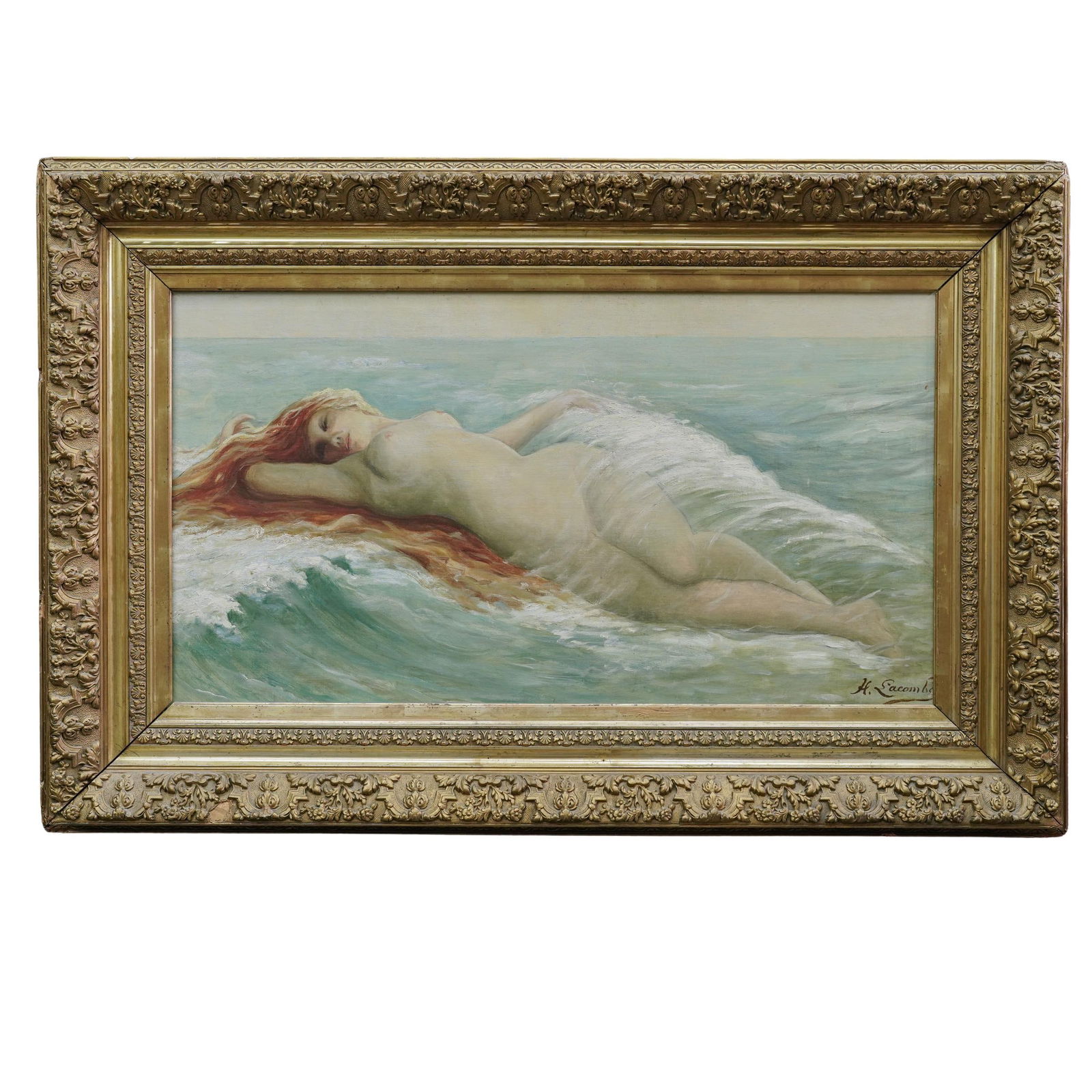 Antique H. Gacombo Sea Nymph Oil Painting: Antique H. Gacombo Sea Nymph Oil PaintingEarly 20th Cent, ContinentalA finely executed oil on canvas depicting a reclining nude female figure adrift in rolling ocean waves, her red hair cascading arou