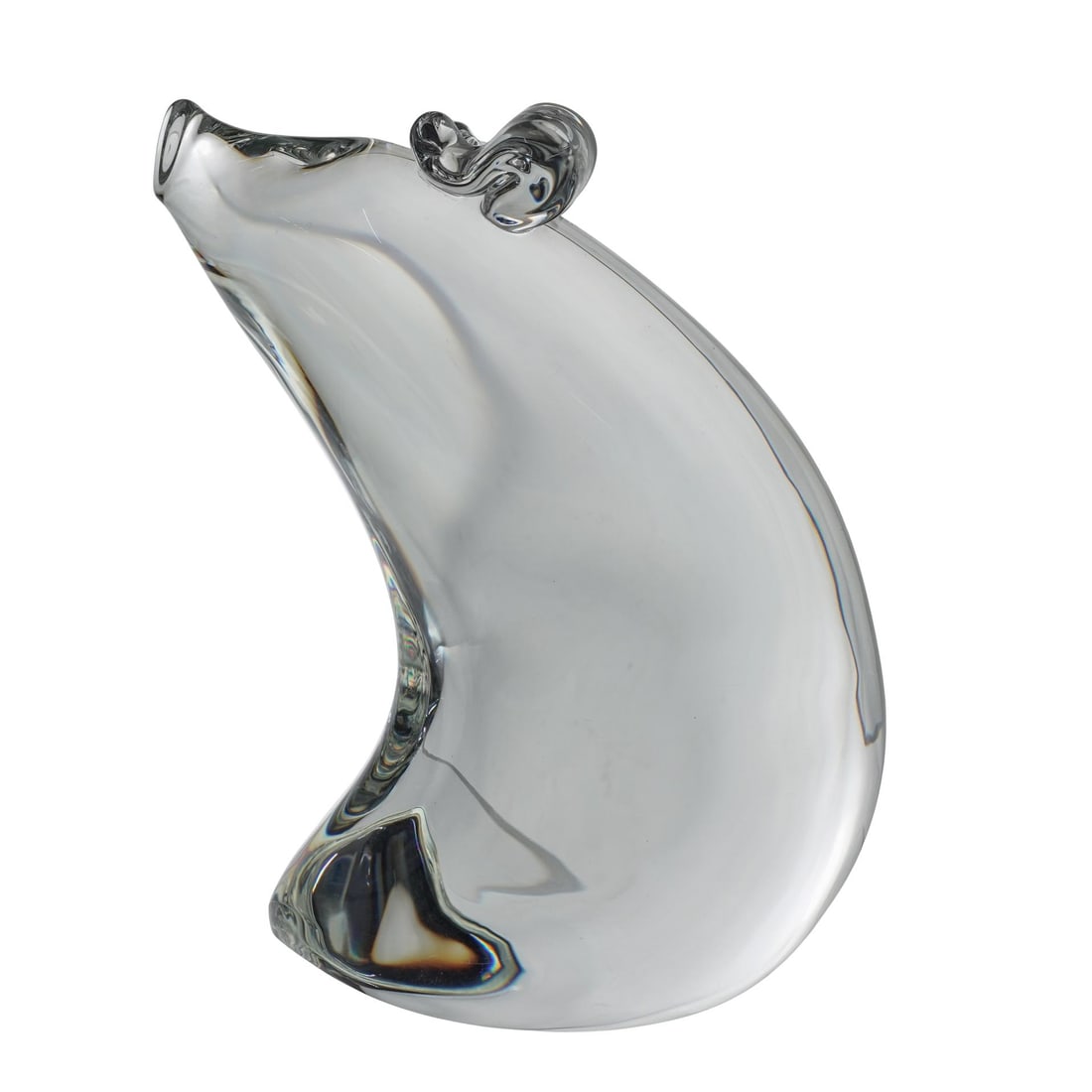 Steuben Crystal Pig Figurine: Steuben Crystal Pig FigurineEarly to mid- 20th Cent. USAA stylized figurine of a clear crystal pig is depicted with a smooth, polished body. It features a curled tail and small, glass molded ears. Sig