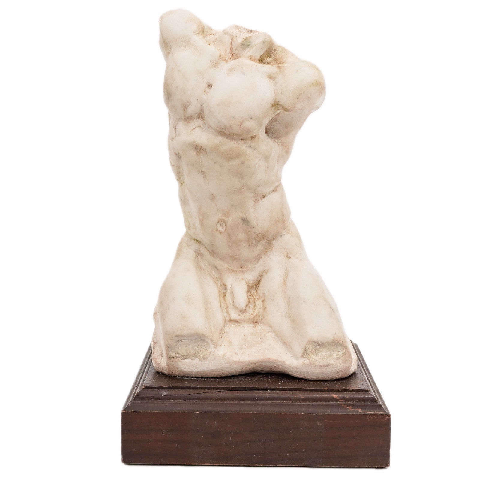 Neoclassical Style Carved Alabaster Sculpture of Male Nude Torso: Neoclassical Style Carved Alabaster Sculpture of Male Nude Torso 20th century , USA Neoclassical Greco-Roman Carved alabaster Sculpture of Male Nude Torso on a wooden base . Unmarked H. 9.75" , base 5