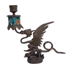 Vintage Enameled Bronze Griffin Candle Holder