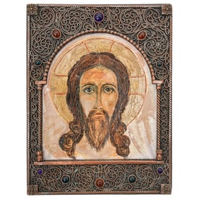 Antique Hand Painted Christ Pantocrator Icon w/ Copper Filigree and Inset Stones