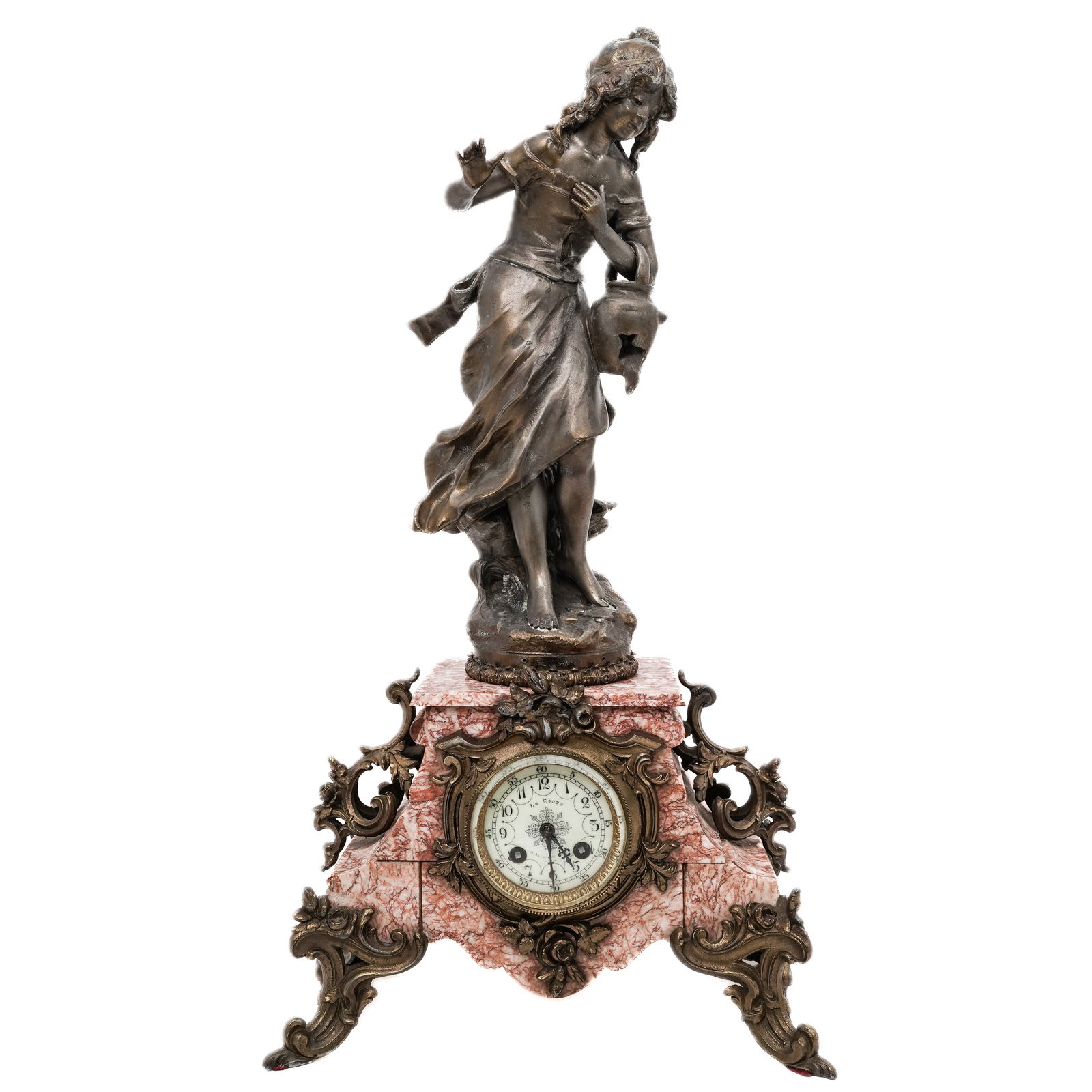 19th Cent. Francois Moreau Marble Clock: 19th Cent. Francois Moreau Marble Clock19th century , FranceAntique Art-Nouveau , 19th century French marble mantel clock . Clock face is signed " LE COUPY" and features an enamel dial with Arabic num