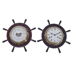 (2pc) August Schatz & Sohne Ship's Wheel Clock and Weather Station