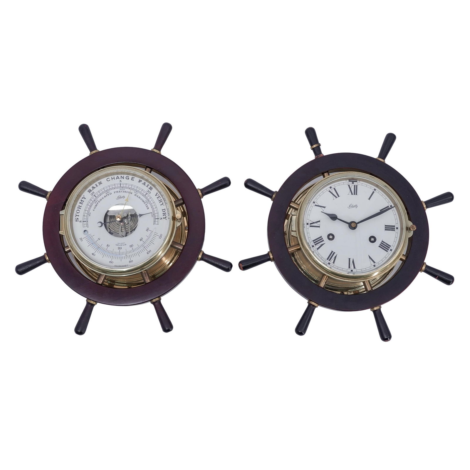 (2pc) August Schatz & Sohne Ship's Wheel Clock and Weather Station: (2pc) August Schatz & Sohne Ship's Wheel Clock and Weather StationMid 20th Cent. GermanyThe pair consists of a Schatz ship's wheel clock and a barometer, both crafted in the style of classic maritime