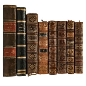 (8 Pc) Antique French Leather Hardcover History & Religion Books