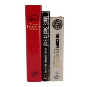 (3 pcs) Webster's Dictionary/Thesaurus and Assorted Volumes on Dogs