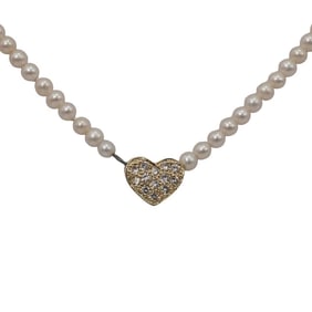 18k Gold Diamond and Pearl Heart Necklace