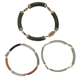 (3 Pc) Chinese 14k Gold and Jade Link Bracelets