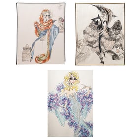 (3pc) Robert St. Roper (1913-1977) Mixed Media Fashion Illustrations