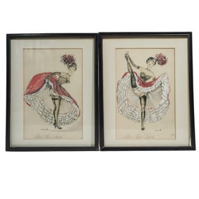 (2 Pc) Janciotte French Can Can Pastel & Watercolor Paintings