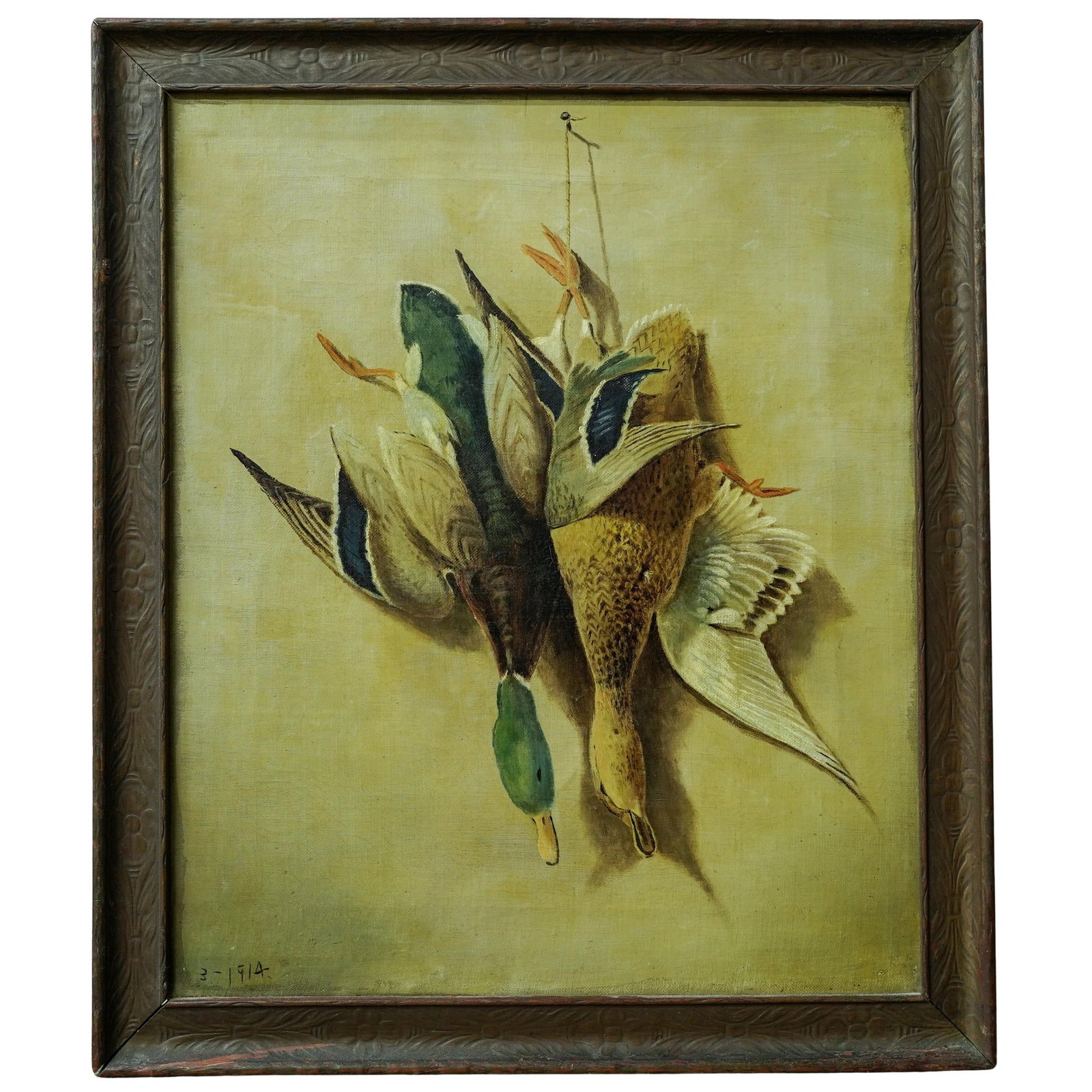 Antique Oil On Canvas Nature Morte Painting: Antique Oil On Canvas Nature Morte Painting 1914, Continental Antique oil on canvas painting of a hanging hen and drake mallard ducks. It is dated numbered and dated in the lower left corner. The work