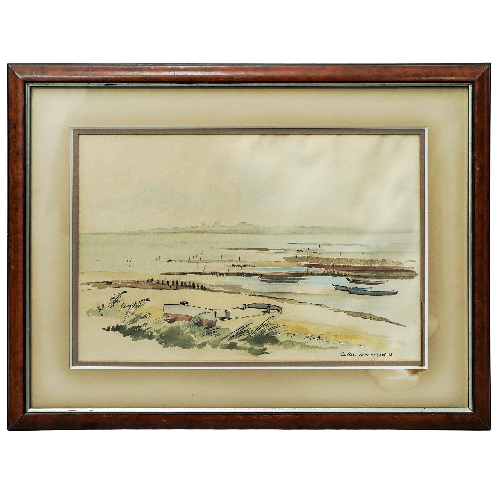 C. Brossard (20th Century) Watercolor Landscape On Paper: C. Brossard (20th Century) Watercolor Landscape On Paper1975. Continental.C. Brossard (20th Century) watercolor and ink landscape on paper. Depicts an ocean sea shore scene. Signed C. Brossard 75 on t