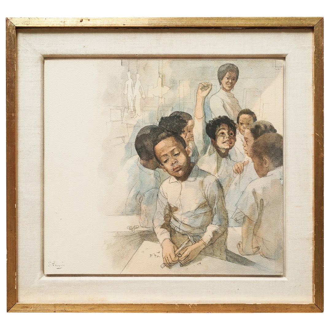 Signed Classroom Scene Watercolor Painting (1 of 4)