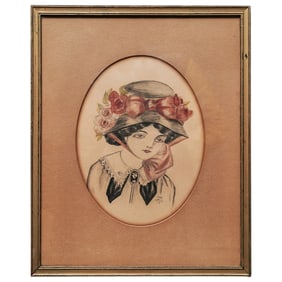 Signed Art Deco Watercolor On Paper Portrait Painting