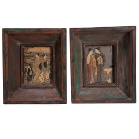 (2 Pc) Vintage Japanese Mini Woodblock Prints