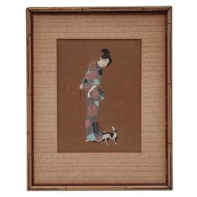 Japanese Woodblock Woman & Dog Print