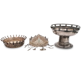 (3 Pc) Silverplate Dishes and Ornate Headdress