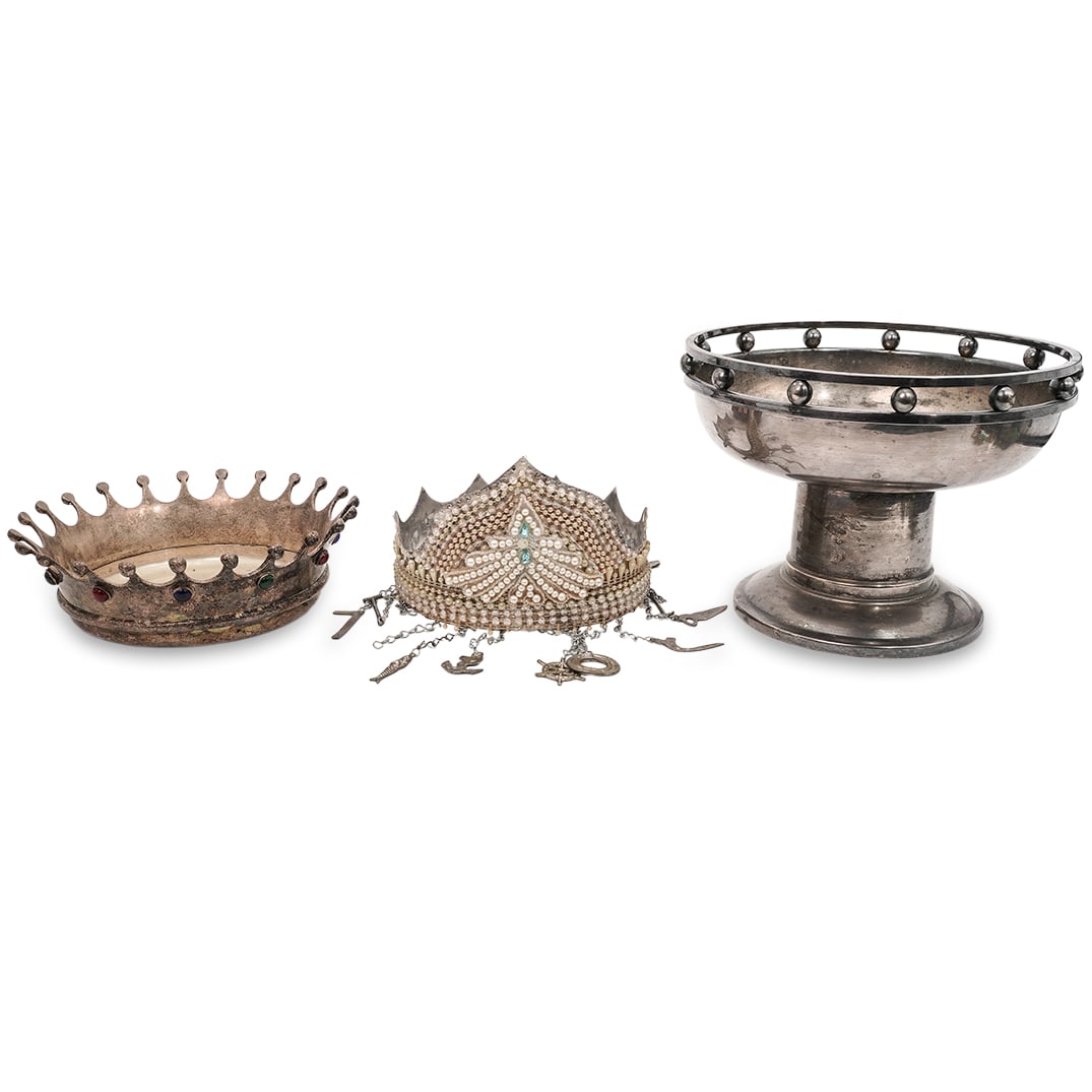 (3 Pc) Silverplate Dishes and Ornate Headdress (1 of 10)
