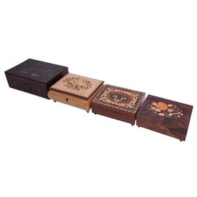 (4 Pc) Marquetry Inlay Jewelry & Music Boxes (Reuge, Dottor Zivago)