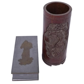 (2 Pc) Vintage Chinese Pewter and Bamboo Artucles