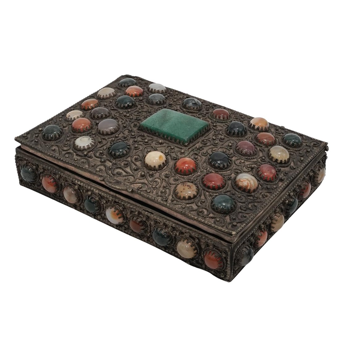 Antique Indian Metal Filigree Box with Inlaid Stones (1 of 7)