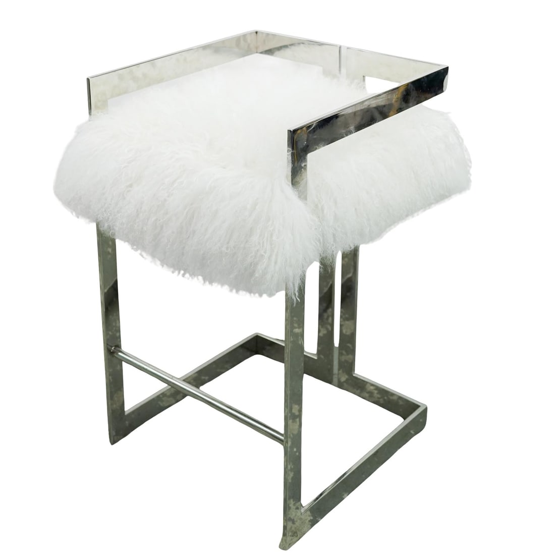 Postmodern Chrome Metal Barstool and Fur Seat: Postmodern Chrome Metal Barstool and Fur Seat 20th century. A postmodern barstool featuring chrome metal framing and legs with a white faux fur seat. H 30" Depth 18" W 18"