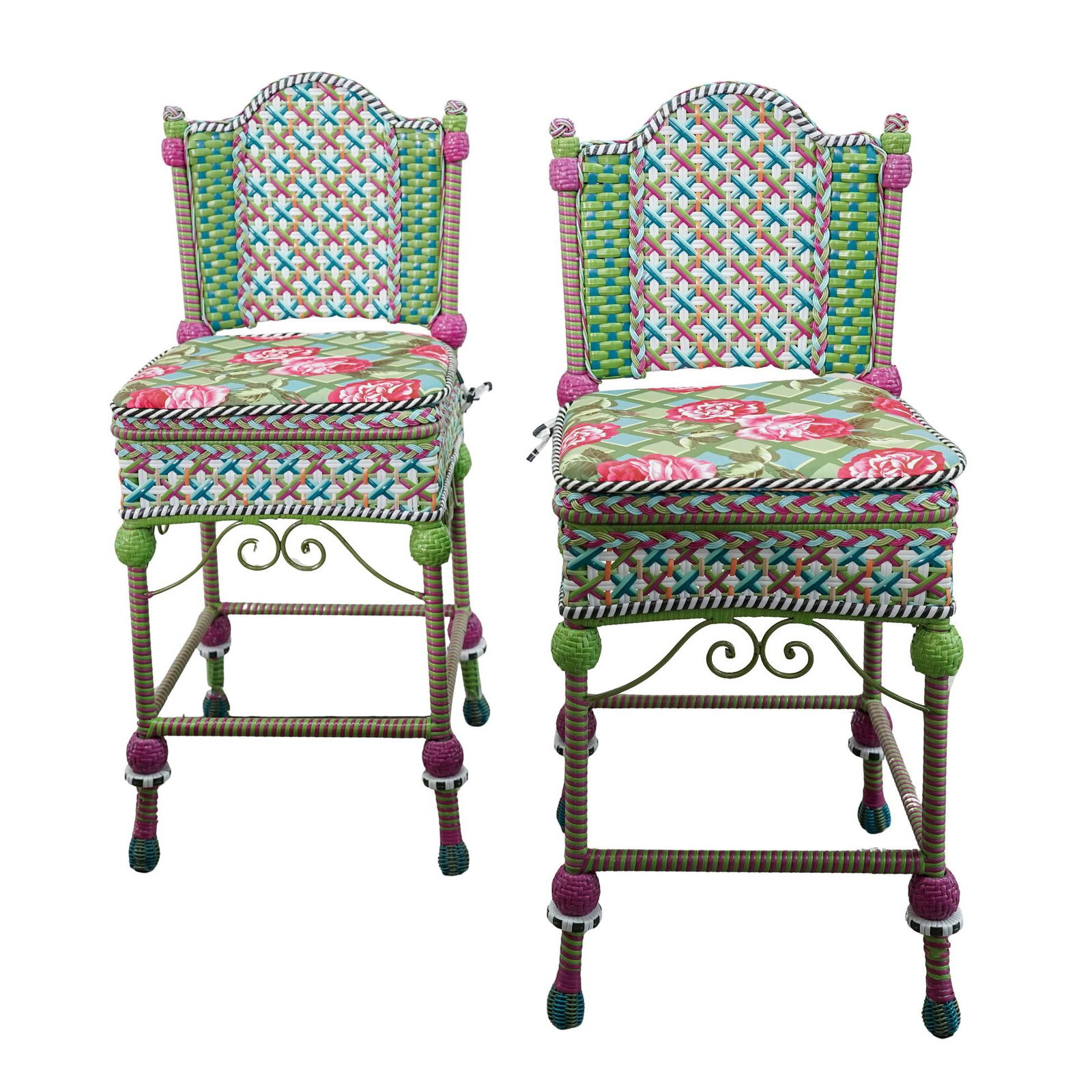 Pair of Mackenzie Childs "Greenhouse" Woven Wicker Pub Stools: Pair of Mackenzie Childs "Greenhouse" Woven Wicker Pub Stools Late 20th to early 21st century, USA A pair of Mackenzie Childs "Greenhouse" pub stools constructed from multicolored resin wicker and